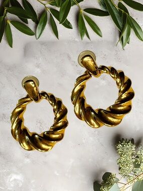 Vintage GIVENCHY 80s Gold Door Knocker Pierced Power Dressing Earrings